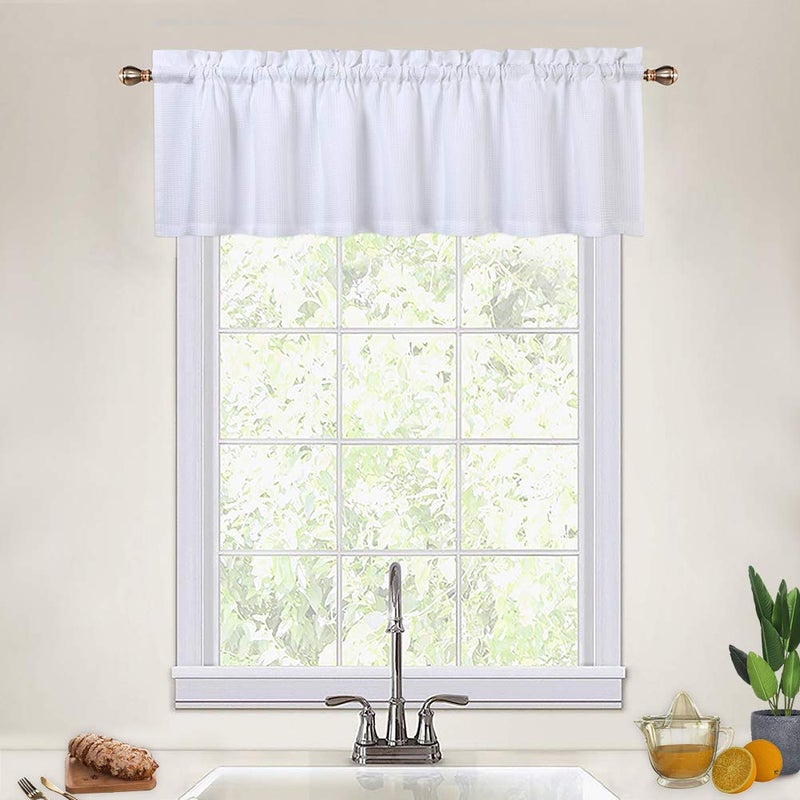 CAROMIO White Valances for Kitchen Windows, Waffle Woven Textured Valance Curtains for Bathroom Short Half Window Cafe Curtains, White, 60x15 Inch - Image 1